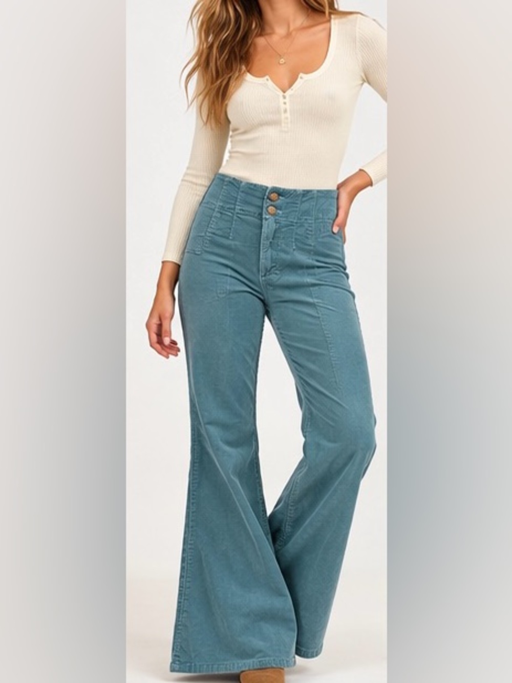 Free People We The Free Jayde Cord Flare Jeans Teal Blue Corduroy Size 29